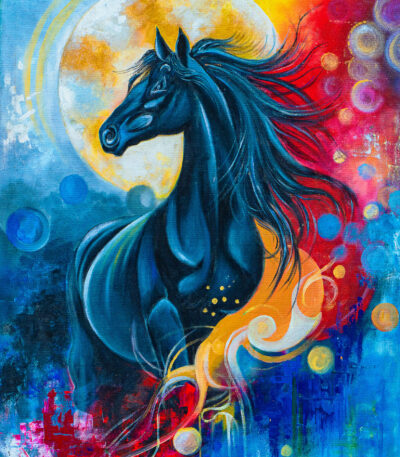 Midnight Moon. Black Horse. Oil Wall Art Painting.