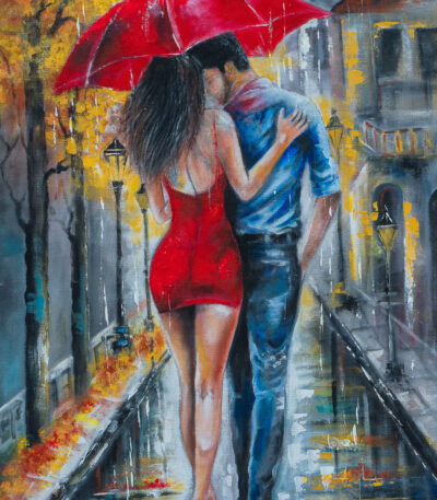 Romantic Kiss in the Rain. Acrylic Wall Art Painting